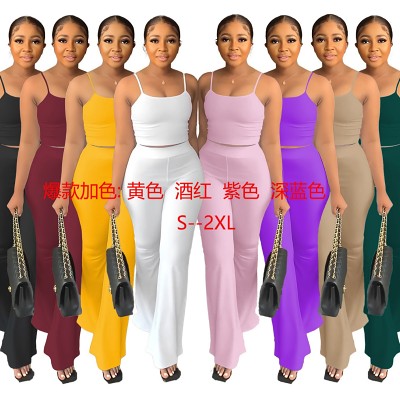 Solid color sling crop top backless bell bottoms pants simple fashion 2 piece outfit