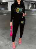 Casual Rhinestone print long sleeve blouse top long leisure Pants Set