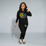 Casual Rhinestone print long sleeve blouse top long leisure Pants Set