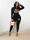 Casual Rhinestone print long sleeve blouse top long leisure Pants Set