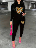 Casual Rhinestone print long sleeve blouse top long leisure Pants Set