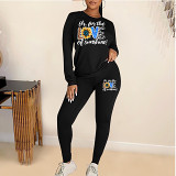 Casual Rhinestone print long sleeve blouse top long leisure Pants Set