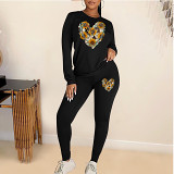 Casual Rhinestone print long sleeve blouse top long leisure Pants Set