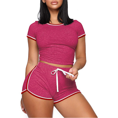 Summer plus size women's solid color stitching short sleeve casual two piece set