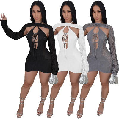Sexy hollow thin knitted long sleeve top halter neck backless dress two piece set