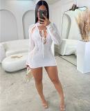 Sexy hollow thin knitted long sleeve top halter neck backless dress two piece set