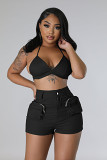 Chest wrapped sexy top pocket overall shorts solid two piece suit