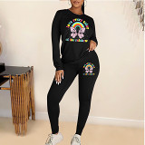Casual Rhinestone print long sleeve blouse top long leisure Pants Set