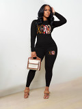 Casual Rhinestone print long sleeve blouse top long leisure Pants Set