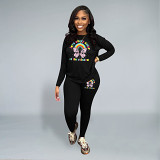 Casual Rhinestone print long sleeve blouse top long leisure Pants Set