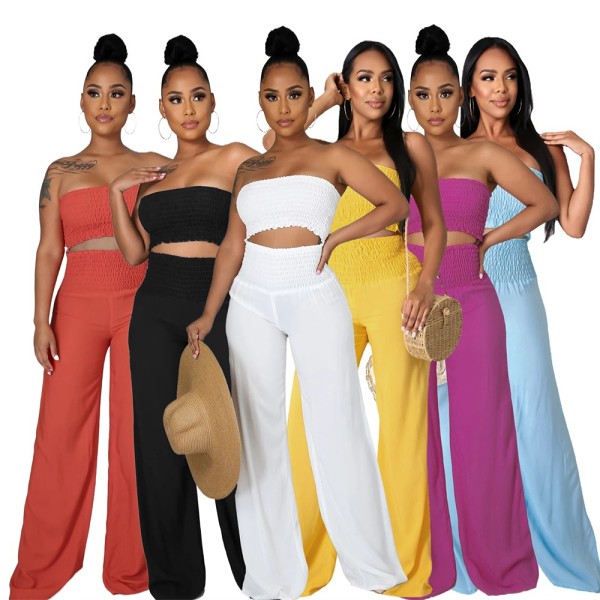 Solid color casual new tube top pants women's two-piece suit