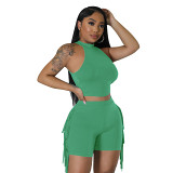 Sleeveless round neck tassel solid color casual two piece set