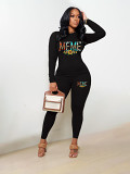 Casual Rhinestone print long sleeve blouse top long leisure Pants Set