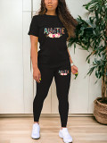 Casual Rhinestone print short sleeve blouse top long leisure Pants Set