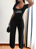 Casual Rhinestone print short sleeve square collar top wide leg Pants Set