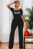 Casual Rhinestone print short sleeve square collar top wide leg Pants Set