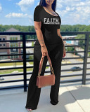 Casual Rhinestone print short sleeve square collar top wide leg Pants Set