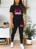 Casual Rhinestone print short sleeve blouse top long leisure Pants Set