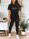 Casual Rhinestone print short sleeve blouse top long leisure Pants Set