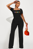 Casual Rhinestone print short sleeve square collar top wide leg Pants Set