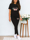 Casual Rhinestone print short sleeve blouse top long leisure Pants Set