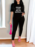 Casual Rhinestone print short sleeve blouse top long leisure Pants Set