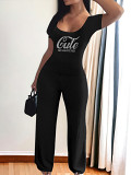 Casual Rhinestone print short sleeve square collar top wide leg Pants Set