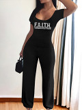 Casual Rhinestone print short sleeve square collar top wide leg Pants Set