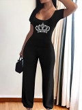 Casual Rhinestone print short sleeve square collar top wide leg Pants Set