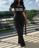 Casual Rhinestone print short sleeve square collar top wide leg Pants Set