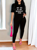 Casual Rhinestone print short sleeve blouse top long leisure Pants Set
