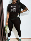 Casual Rhinestone print short sleeve blouse top long leisure Pants Set