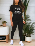 Casual Rhinestone print short sleeve blouse top long leisure Pants Set
