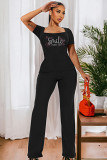 Casual Rhinestone print short sleeve square collar top wide leg Pants Set