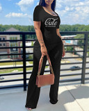 Casual Rhinestone print short sleeve square collar top wide leg Pants Set