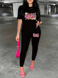 Casual Rhinestone print short sleeve blouse top long leisure Pants Set