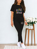 Casual Rhinestone print short sleeve blouse top long leisure Pants Set