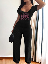 Casual Rhinestone print short sleeve square collar top wide leg Pants Set