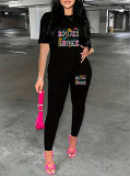 Casual Rhinestone print short sleeve blouse top long leisure Pants Set