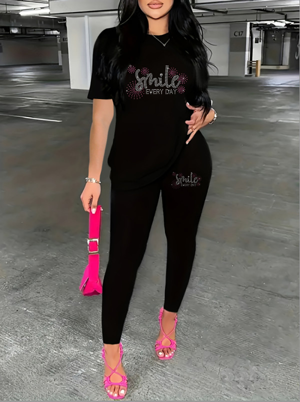 Casual Rhinestone print short sleeve blouse top long leisure Pants Set