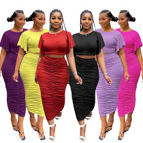 Summer fashion slim ruffled short sleeve pleated hip skirt two-piece suit