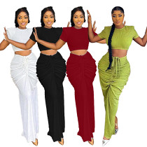 Women slit tight pleated skirt short sleeve crop top 2 piece dress set