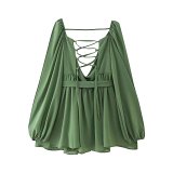 Women's dress sexy backless hollow slit lantern sleeve V-neck open shoulder short dress