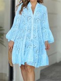 Summer solid color V-neck loose embroidery openwork lace dress