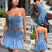 Strapless denim crop top high waist mini skirt 2 piece outfit
