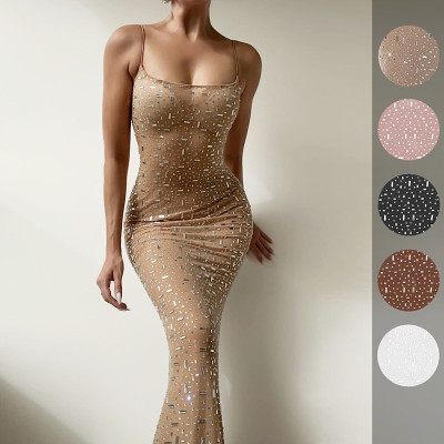 Sequin rhinestone sexy mesh see through spaghetti strap mermaid maxi long dress party night club dresses
