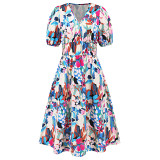 Women v neck floral print short lantern sleeve bohemian A-line midi dress