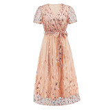 Large size embroidered sequin bright screen gauze dress fashion slim V-neck long dress