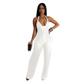 Fashion solid backless v neck pleated wide leg jumpsuit