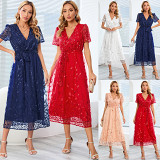 Large size embroidered sequin bright screen gauze dress fashion slim V-neck long dress